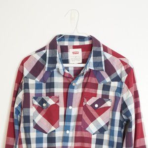 levi's strauss & co red blue plaid button long sleeve shirt men